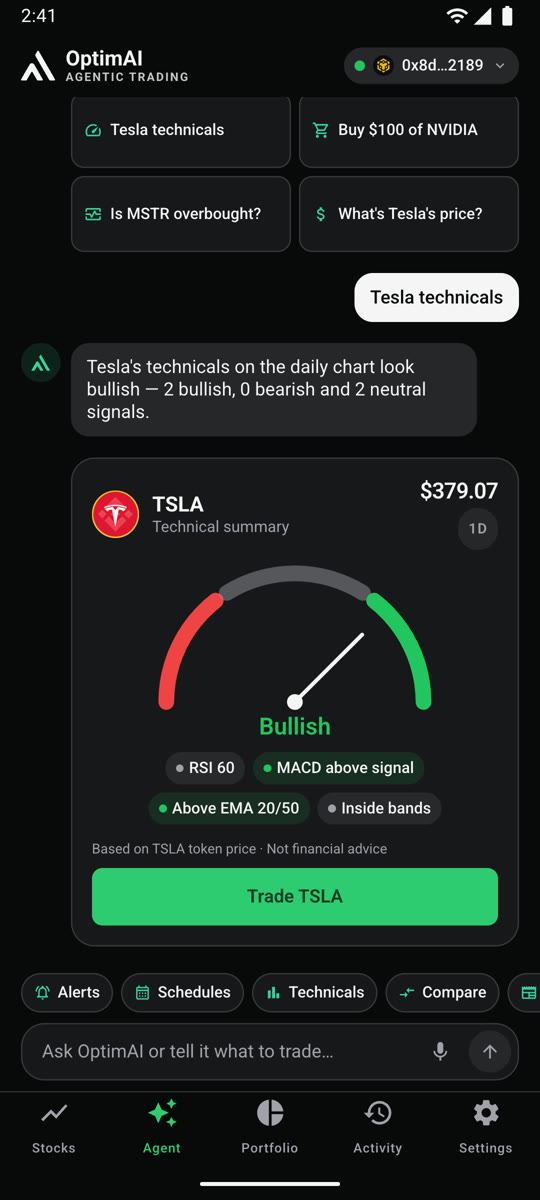 Agent answering Tesla technicals with a bullish gauge card